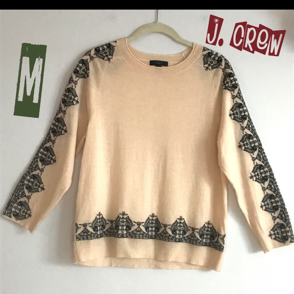 [J.crew]wool embroidered 3/4 sleeve crew sweater